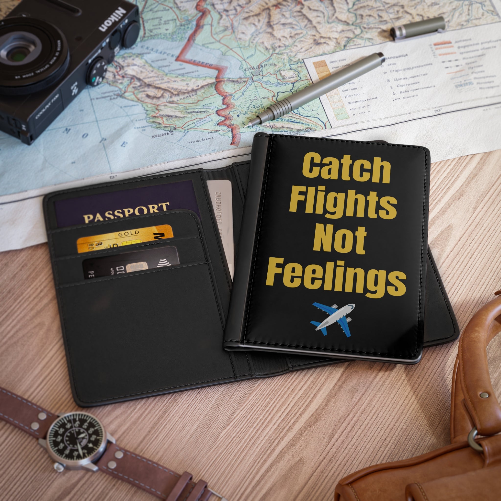 Passport Cover — “Catch Flights Not Feelings” Travel Wallet with Airplane Graphic